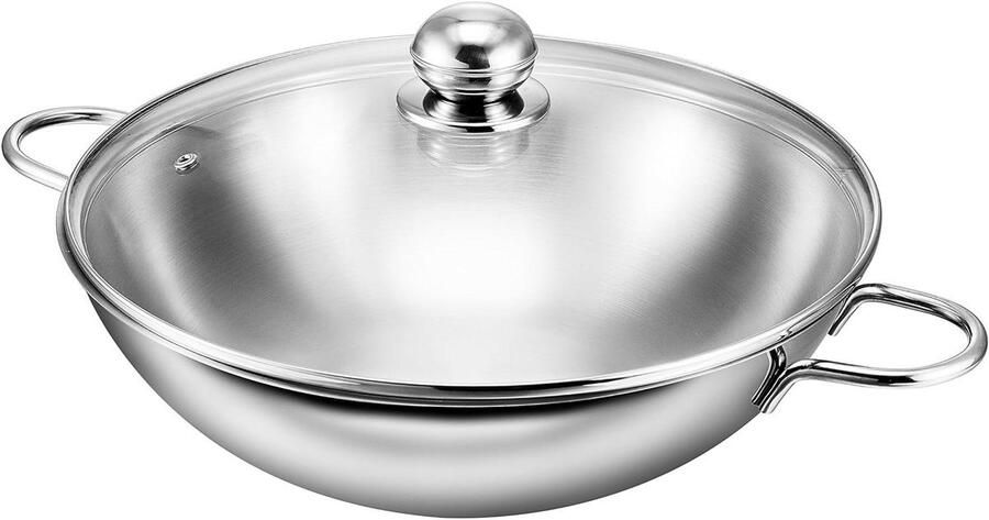 RVS Wok Pan Roerbakpan met deksel Aziatisch Koken Energiezuinig Koken Ø 32 cm Zilver