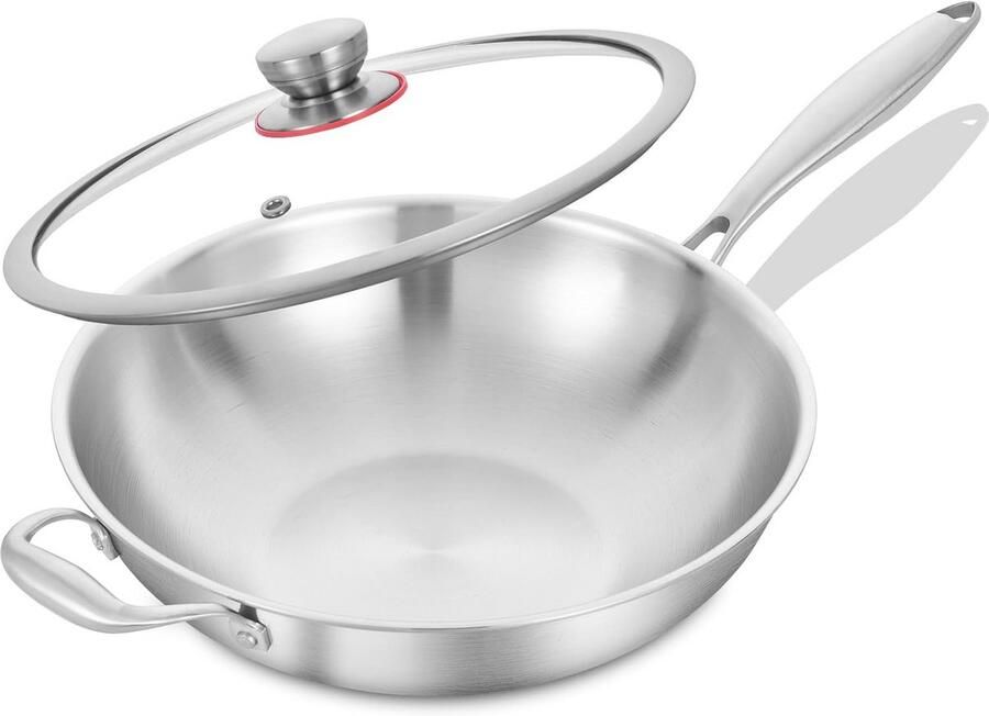 RVS Wokpan 30 cm Drielaags Inductie met Deksel Geschikt voor Oven & Vaatwasser