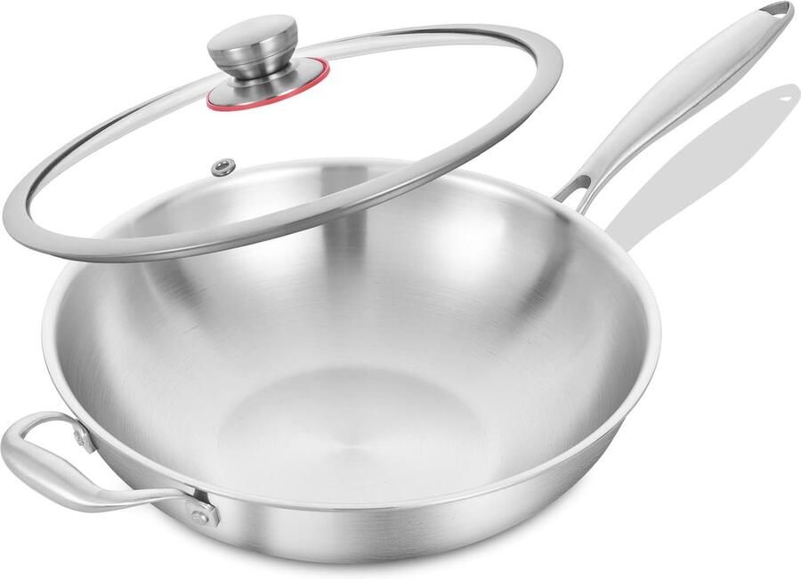 RVS Wokpan 30 cm Drielaags Inductie met Deksel Geschikt voor Oven & Vaatwasser