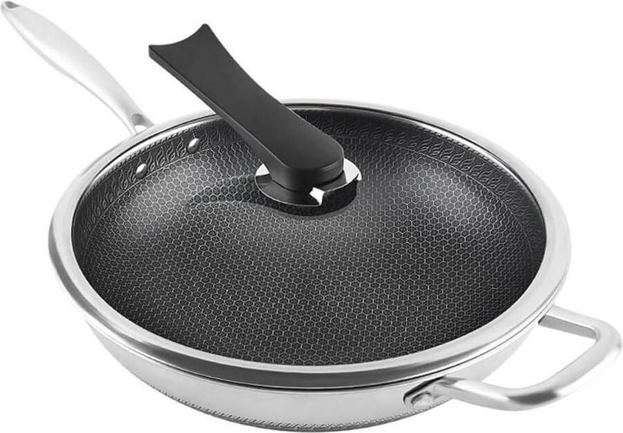 RVS Wokpan Roerbakpan met deksel Authentiek koken Geen chemische coating 32 cm Zilverkleurig
