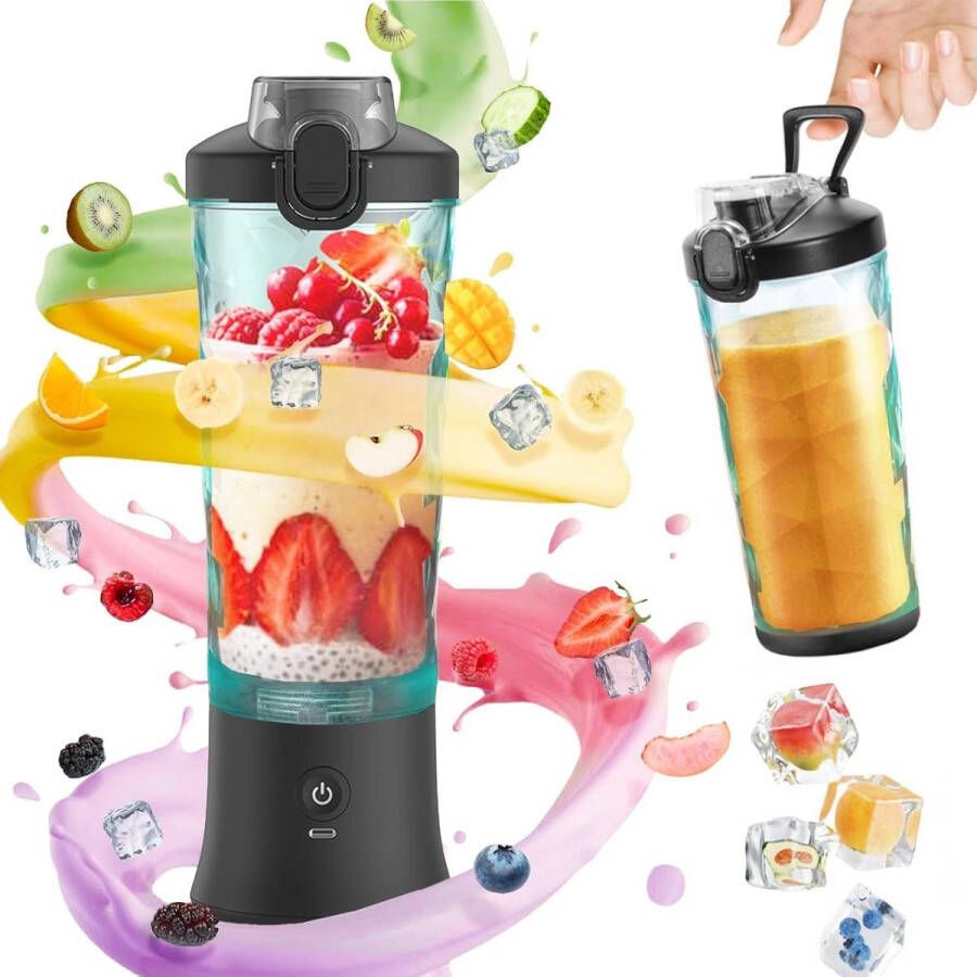 Draagbare mixer 600 ml mini-mixer smoothiemaker met 6 messen USB-oplaadbaar draagbare blender voor sportschool kantoor camping en reizen zwart compact en draagbaar