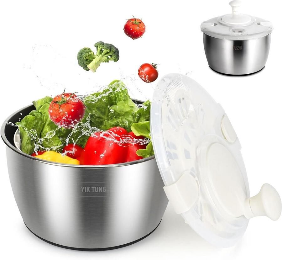 Salad Centrifuge 4.8L RVS Slacentrifuge met Antislipvoet en Transparant Deksel