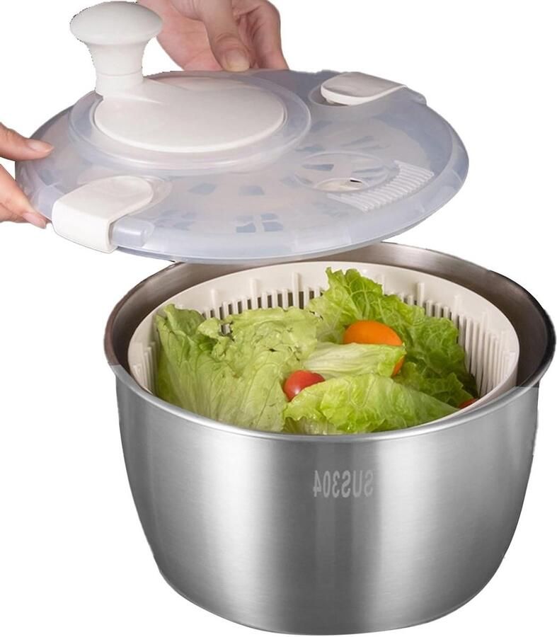 Salade Spinner Groente Droger Gezond Eten Bereiden Roestvrijstalen Kom 5 Liter Zilver