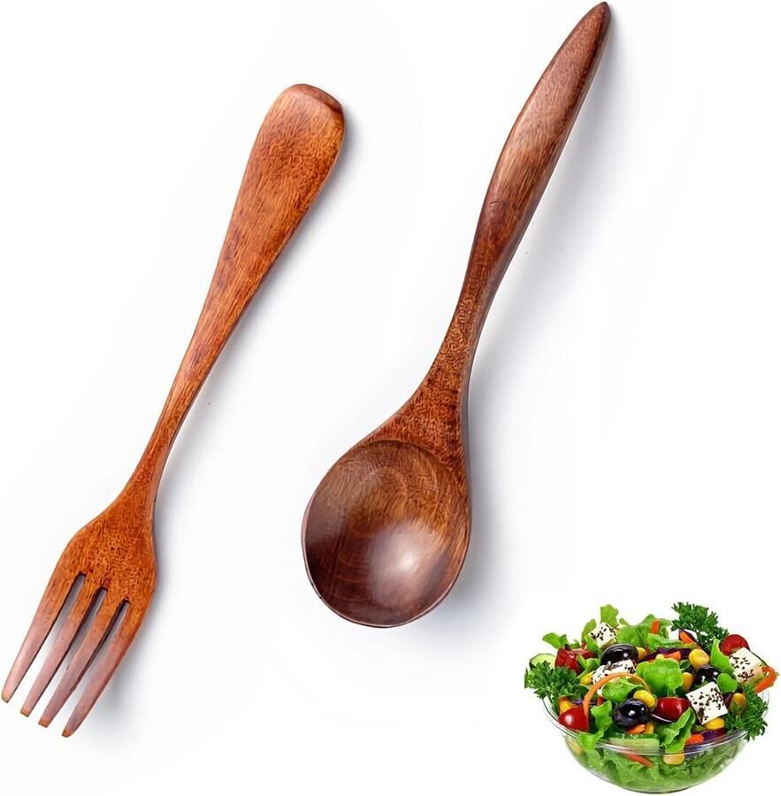 Saladebestek Hout Keukengerei Set Salade Serveren Unieke Houtnerf 17.5 cm Natuurlijk