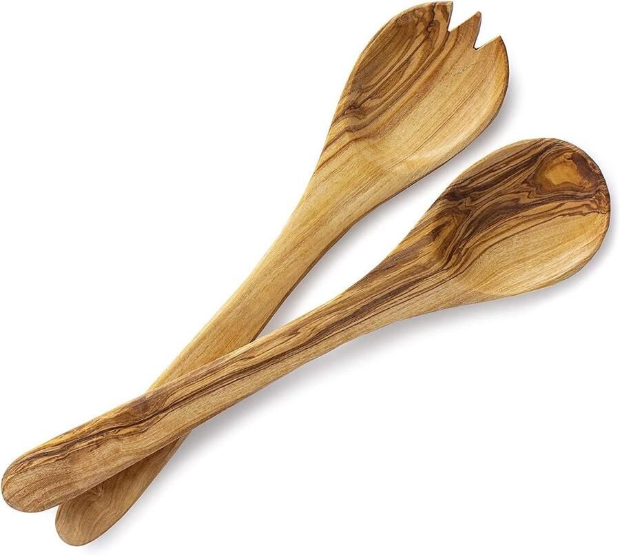 Saladebestek Set Houten Lepel Vork Serveren van Salades Handgemaakt Olijfhout 2 Delig Houtkleurig