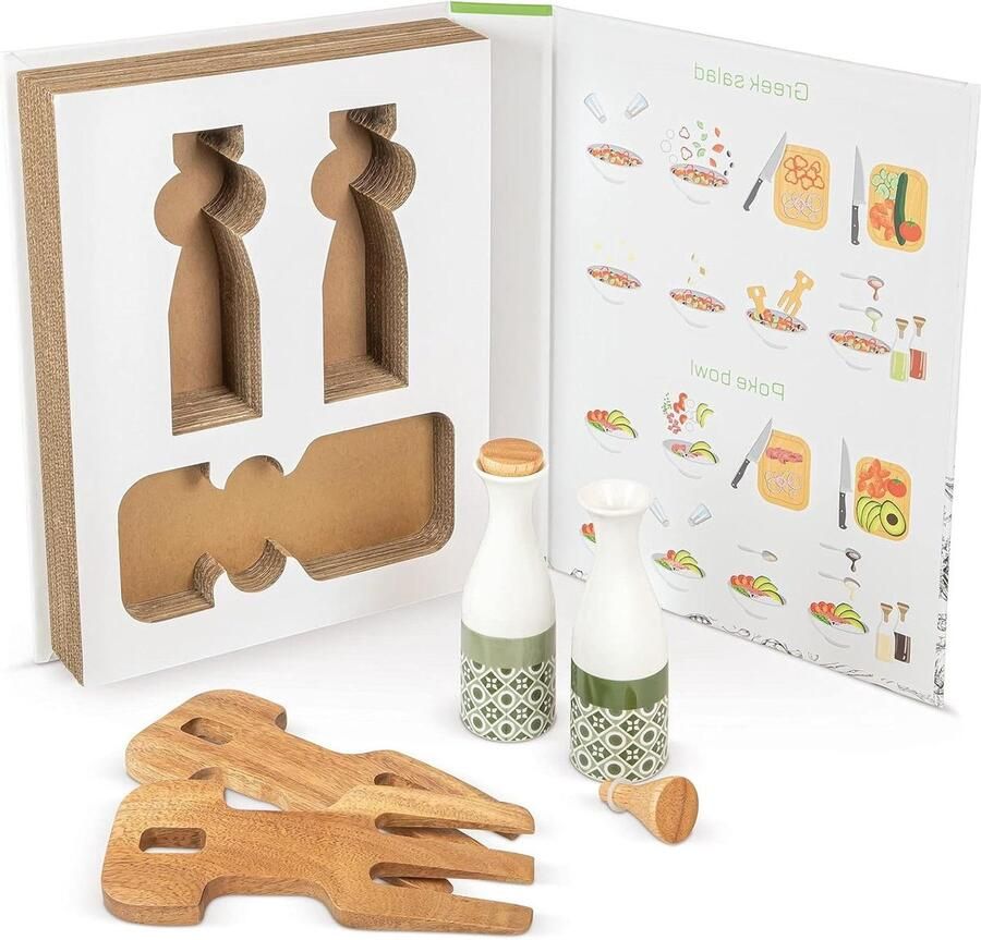 Saladebestek set Houten opscheppers Maaltijden serveren Met oliemengflesjes 26 cm box Natuurlijk hout