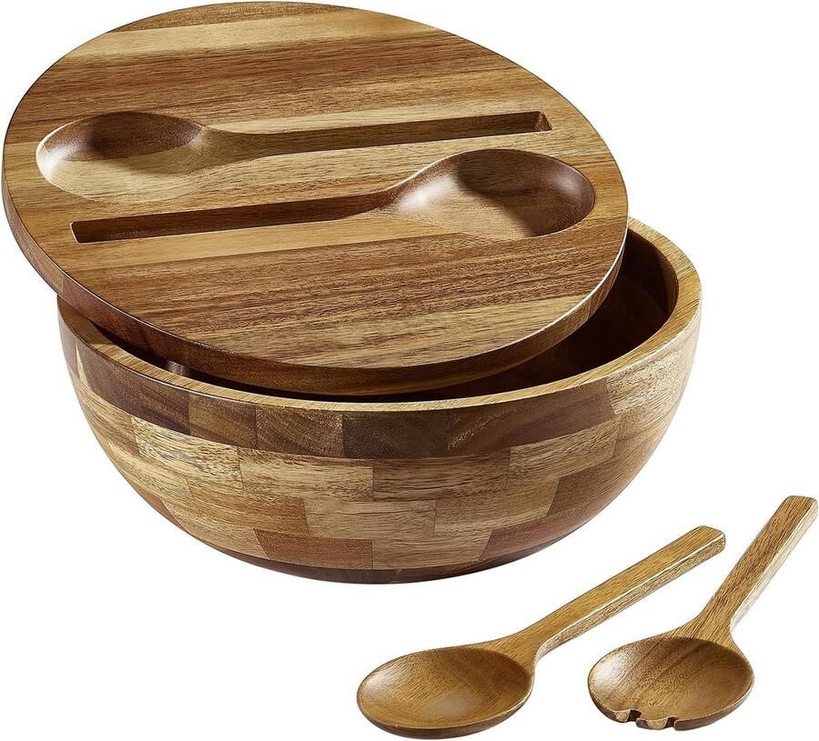 Saladebowl met deksel Houten serveerschaal Maaltijden serveren Natuurlijk acaciahout 30.5 cm diameter Houtkleur