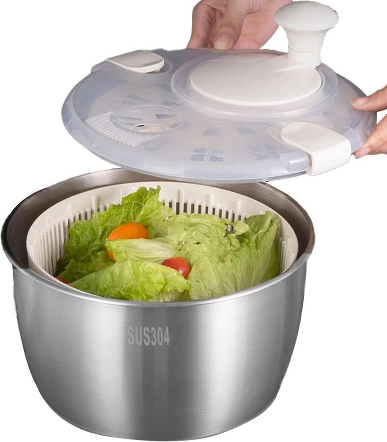 Saladespinner Groente Droger Snel Groenten Wassen Roestvrijstalen Kom 22 cm Hoog Zilver