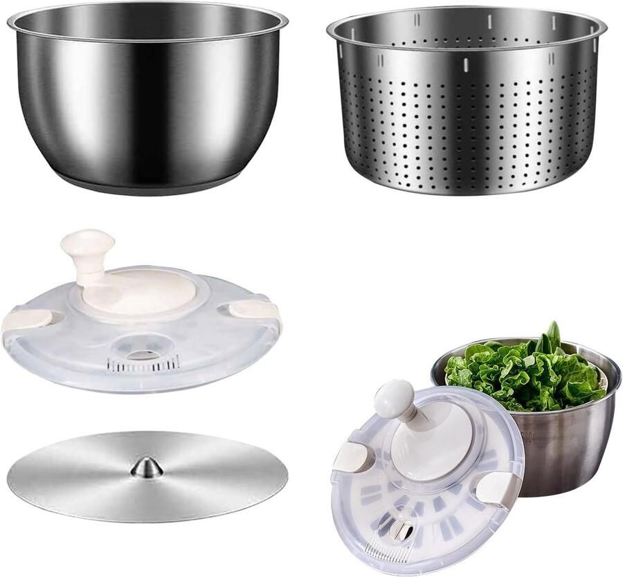 Saladespinner Groentewasmachine Snel Groenten Wassen Grote Capaciteit 6 Liter Zilver