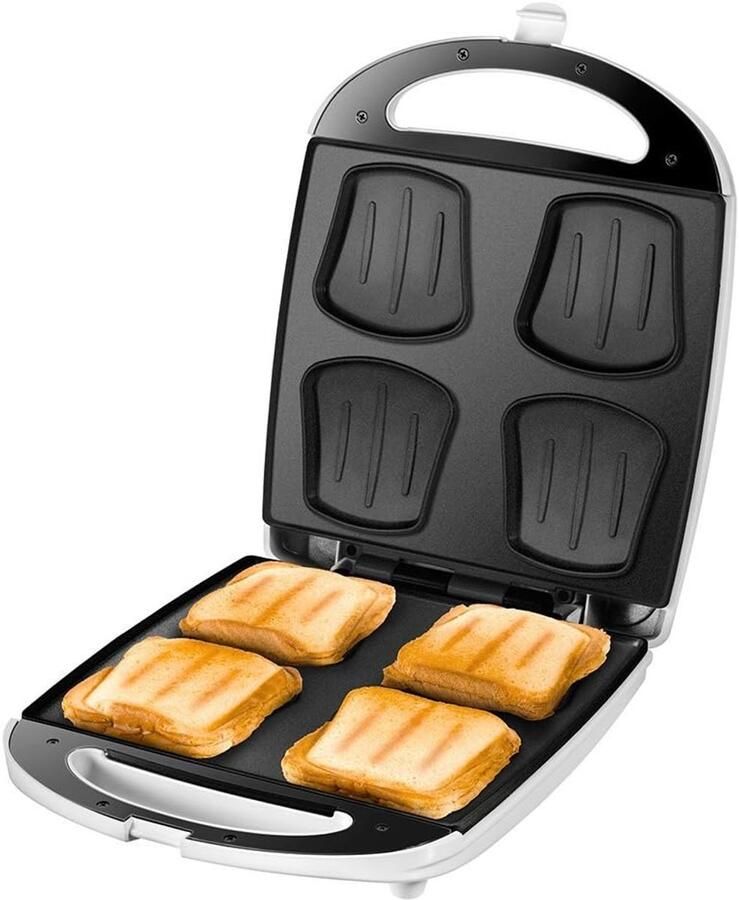 Sandwich Broodrooster Tosti IJzer Snacks Maken 4 Sandwiches Tegelijk 1100 Watt Wit Roestvrij Staal