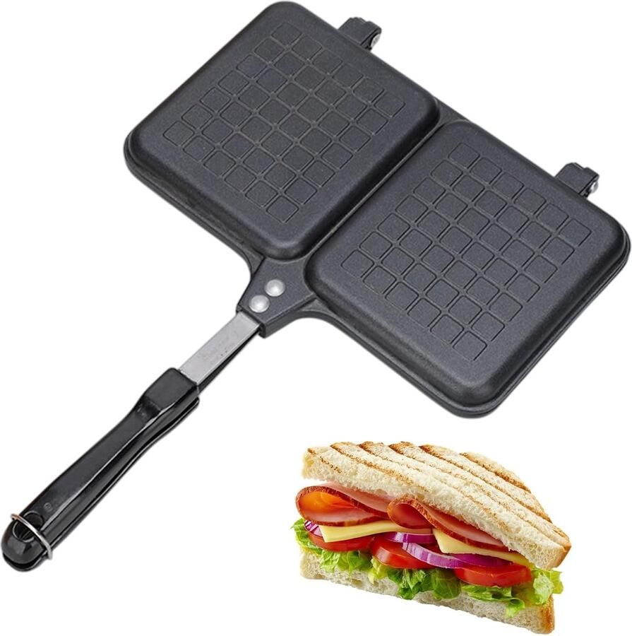 Sandwich Broodrooster Tosti Maker Barbecue Camping Antiaanbaklaag 36 x 25 cm Zwart