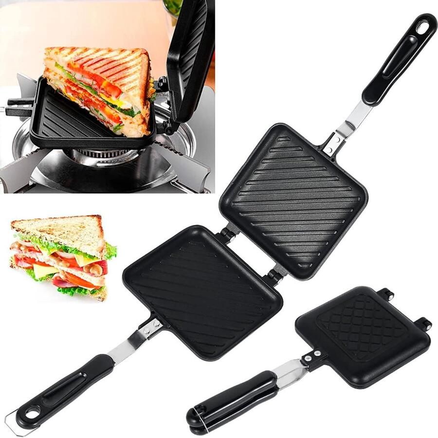 Sandwich Maker Broodijzer Warme Broodjes Maken Dubbelzijdig Non-stick 20 x 15 cm Zwart