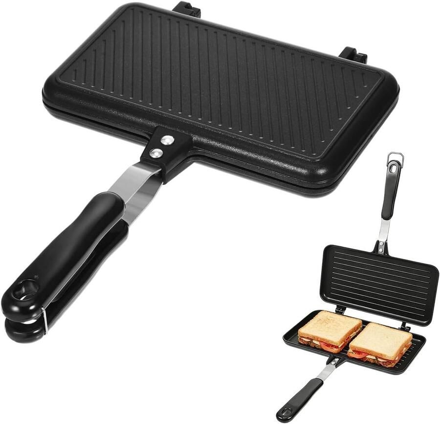 SnelShoppen Dubbelzijdige Sandwichmaker Camping Aluminium Tosti-ijzer met Antiaanbaklaag Klapbroodrooster voor Sandwiches Wafels en Toast Zwa - Foto 2