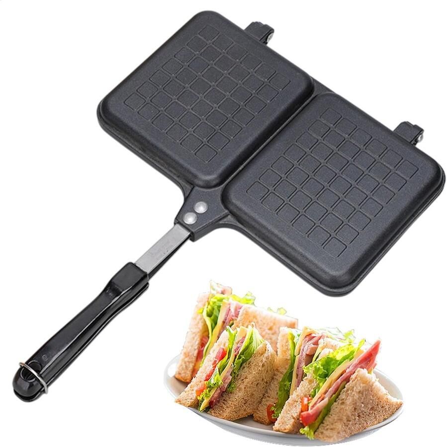 Sandwich Maker Grillpan Tosti Snelle Lunch Maken Dubbel Non-Stick 35 x 24 cm Zwart