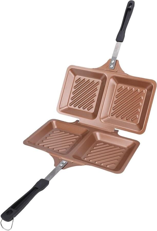 Dubbelzijdige Grillpan Panini Maker Tosti IJzer Thuis Koken Met Antiaanbaklaag 25x14cm Goud