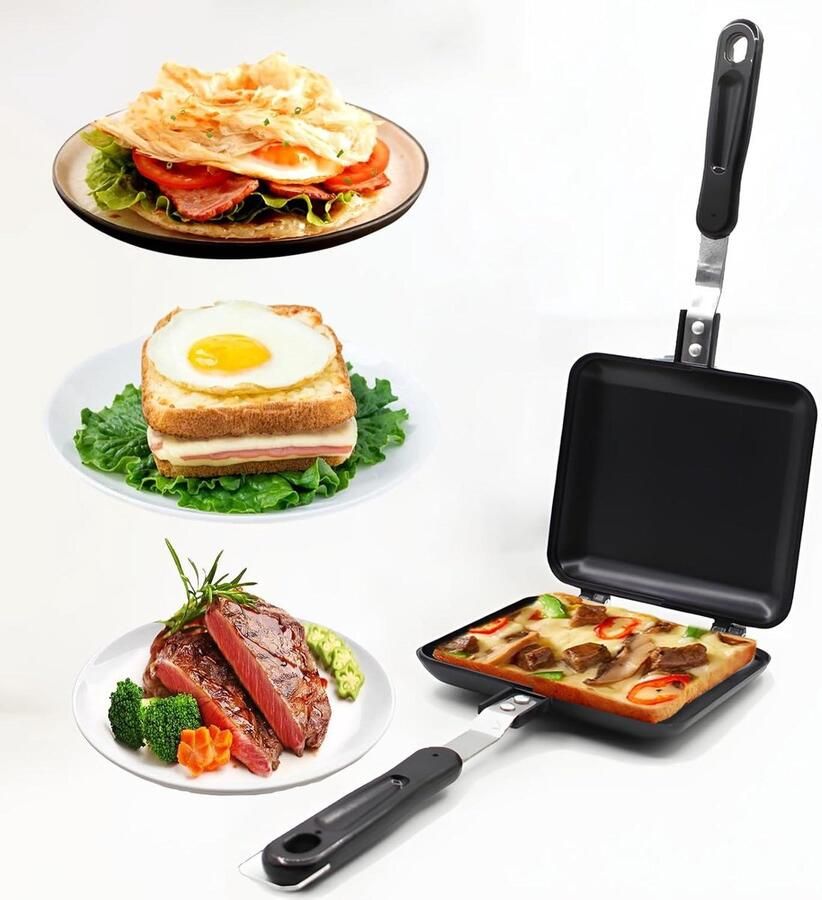 Sandwich Maker Tosti IJzer Ontbijt Maken Dubbelzijdig Gecoat 14 x 34 cm Zwart