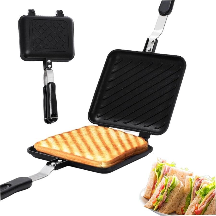 Sandwich Maker Tosti IJzer Ontbijt Maken Dubbelzijdig Roosteren 36x15 cm Zwart