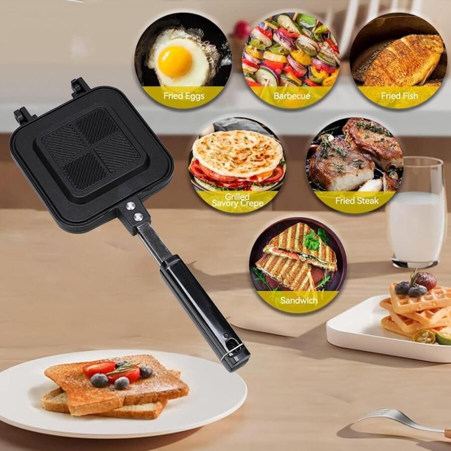 Sandwich Pan Dubbelzijdig Koekenpan Sandwiches Maken Anti-aanbaklaag 36x14 cm Zwart