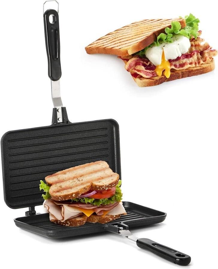 Sandwich Pan Grill Pan Wafelijzer Ontbijt Maken Dubbelzijdig Verwarmen 24 cm Zwart