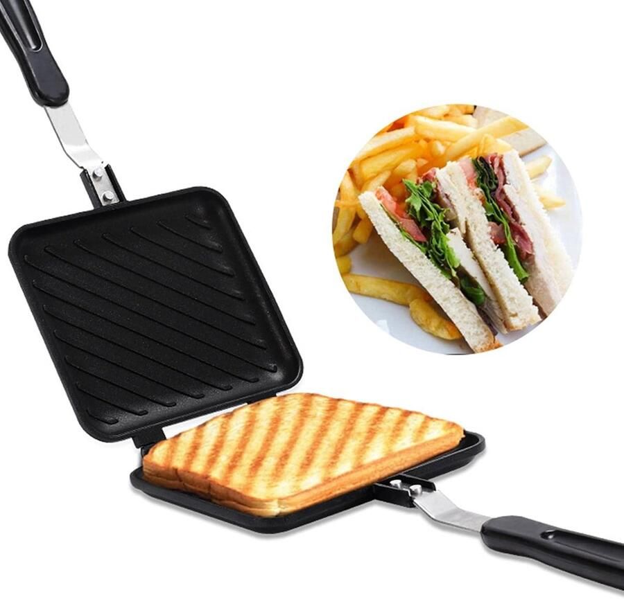Sandwich Pan Ontbijt Pan Sandwiches Maken Dubbelzijdig Grill 39x18x5 cm Zilver - Foto 1
