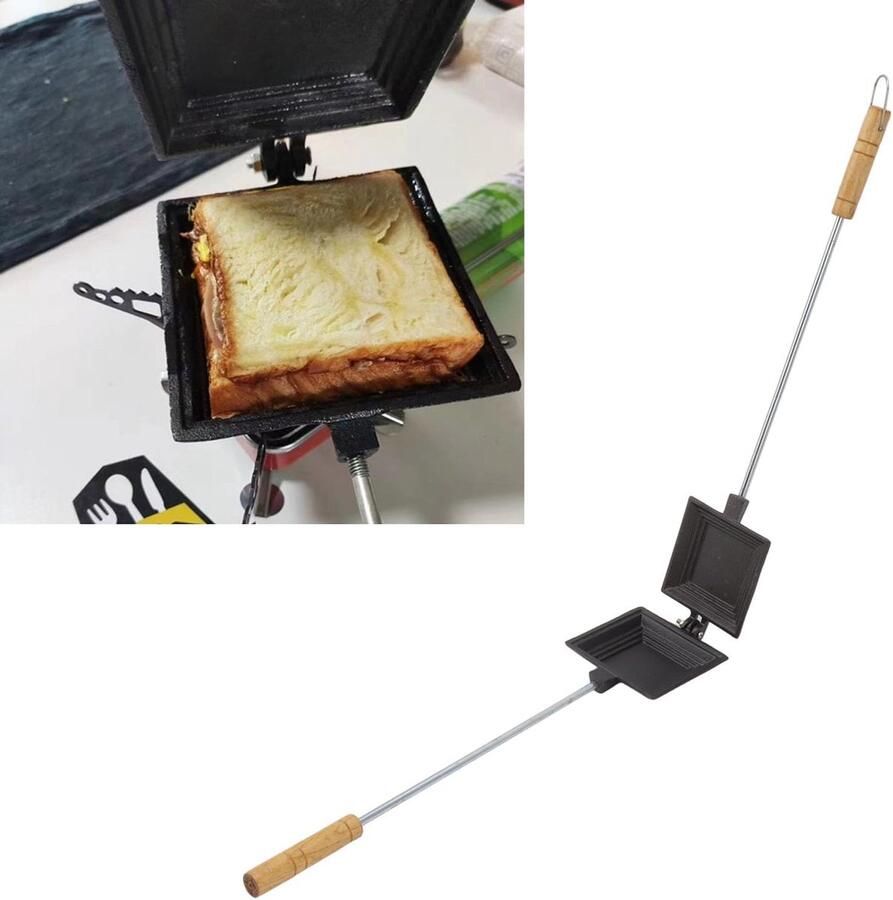 Sandwich Pan Toastijzer Grill Ontbijt Maken Gietijzer Hout 53x11cm Zwart