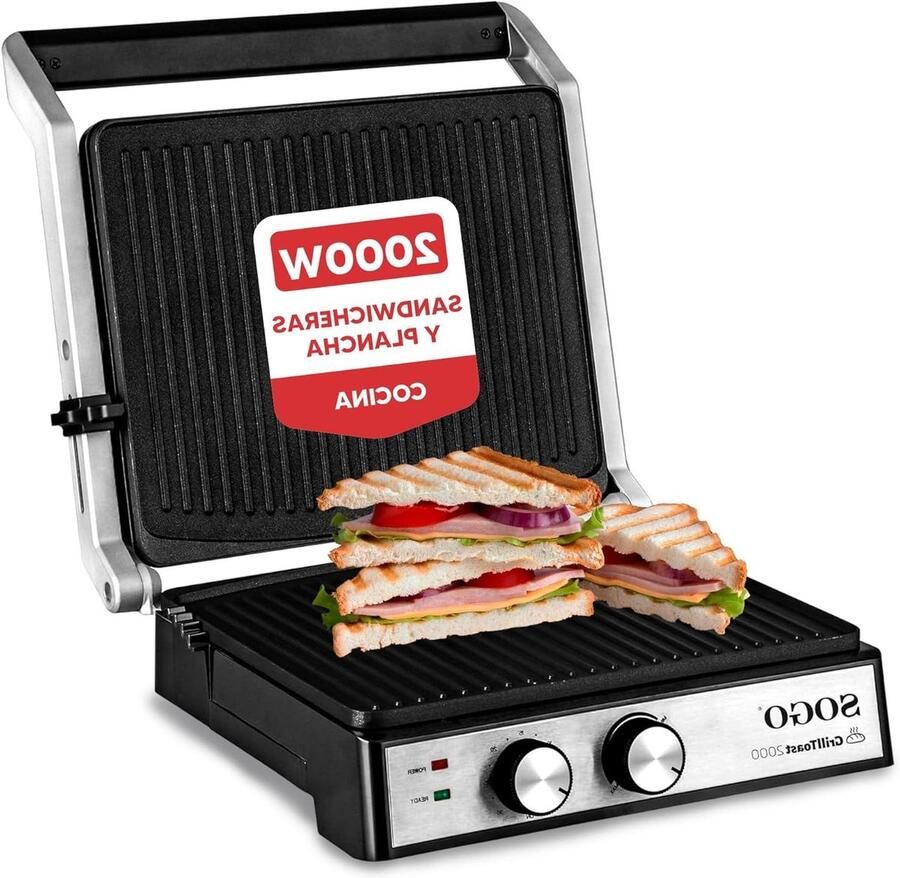 Sandwich Toaster Grill Panini Maker Keukenplaat Snel Eten Bereiden 180 Graden Opening 2000 Watt Zwart