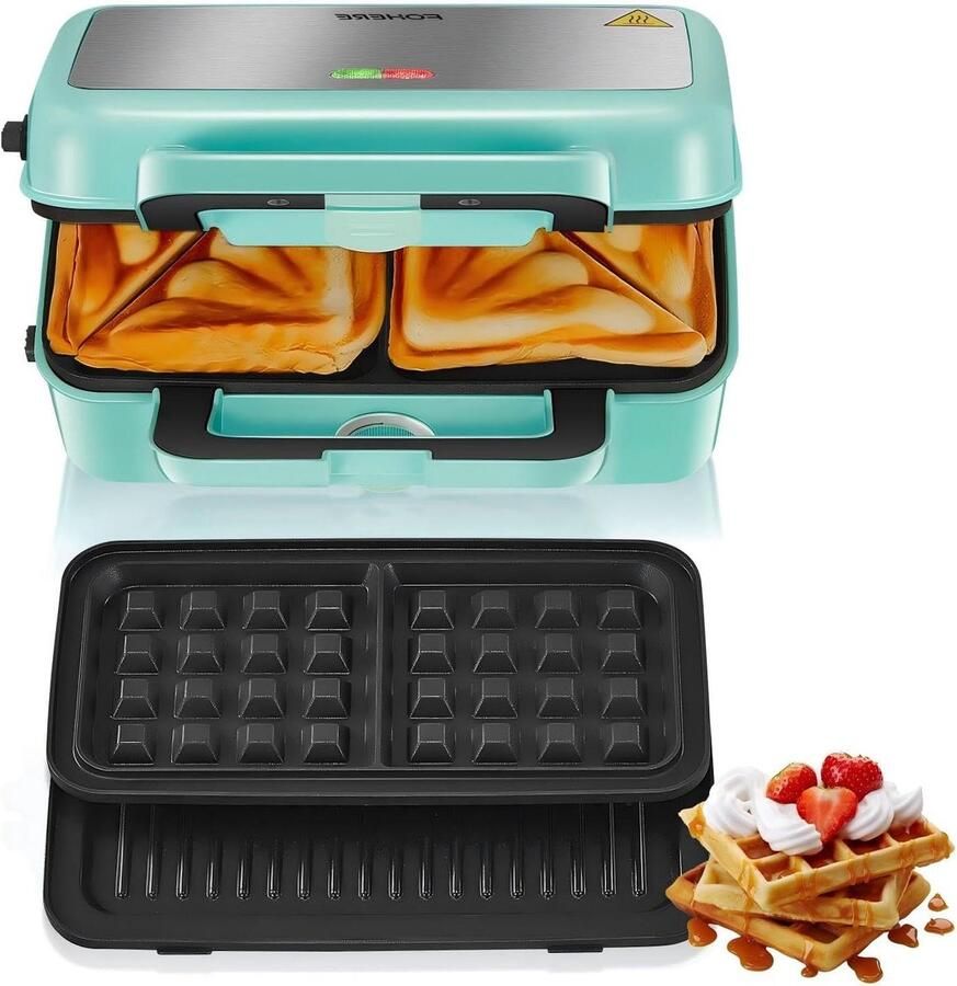 Sandwichmaker 3-in-1 Wafelijzer Grill Lekkere Snacks Maken Snelle Verwarming 1200W 22.9 x 29 cm Hemelsblauw