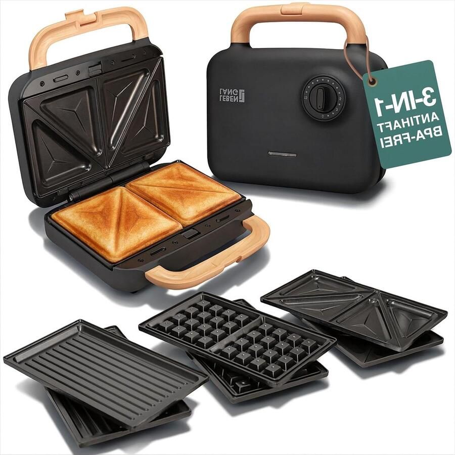Sandwichmaker Wafelijzer 3-in-1 Apparaat Snelle Maaltijden Maken Afneembare Platen 750 W Vermogen Zwart
