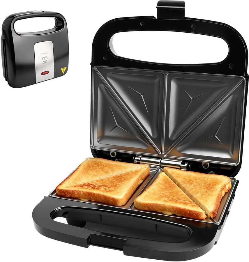 Sandwichmaker Compact 750 W Vermogen Zwart Metaal Antiaanbaklaag Voor Sandwiches En Pannenkoeken