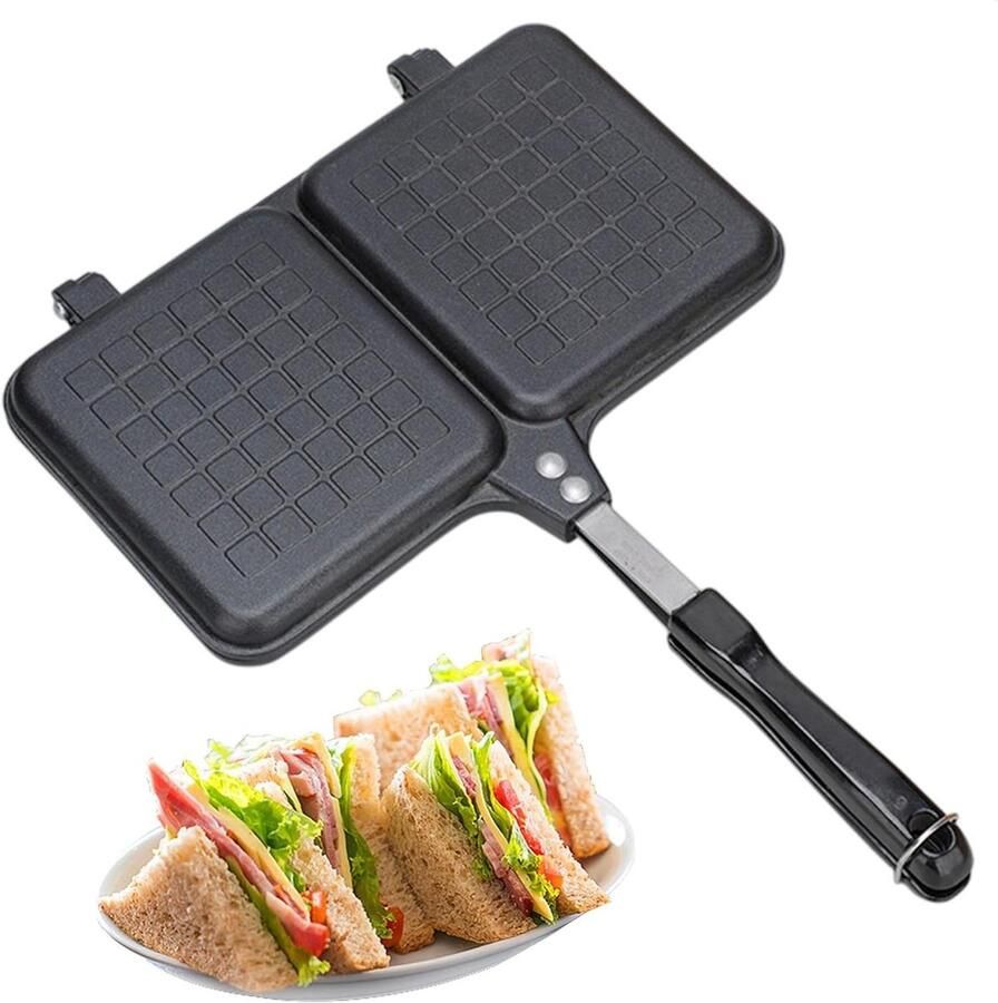 Sandwichmaker Dubbel Panneel Tosti Grill Pan Ontbijt Maken Antiaanbak Gecoat 36x25 cm Zwart