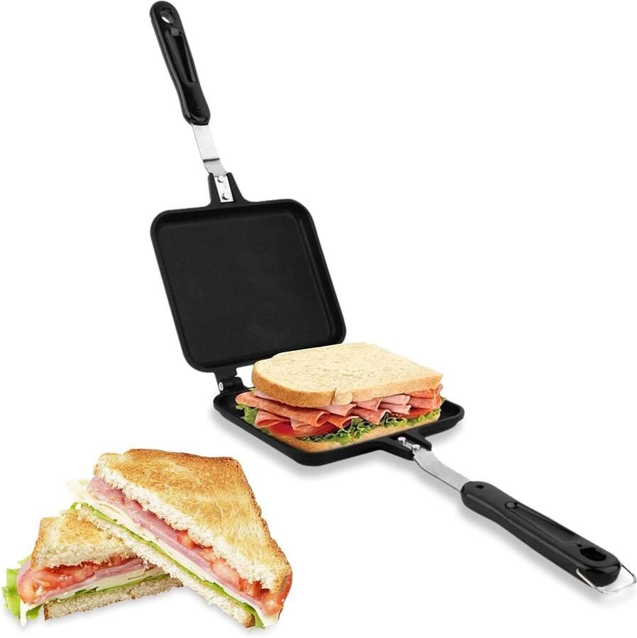 Sandwichmaker Dubbelzijdig multifunctioneel Hotdog broodrooster Sandwichvorm Het kan gebruikt worden om ontbijtpannenkoeken scones en toast te maken Met Hittebestendige Handgrepen Geschikt voor gezinnen kamperen en picknicks Zwart