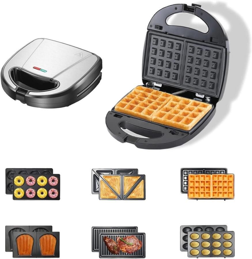 Sandwichmaker met platen Wafelijzer tosti Ontbijt maken 6 verwisselbare bakplaten 750 watt Zilver