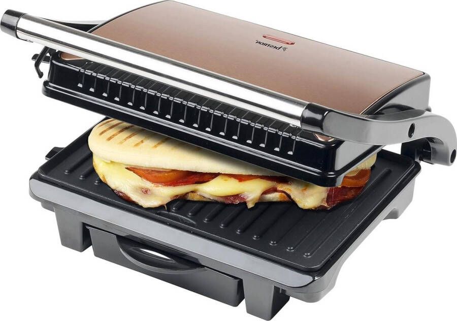 Sandwichmaker Panini contactgrill antiaanbaklaag lekbak 1000W koperkleurige