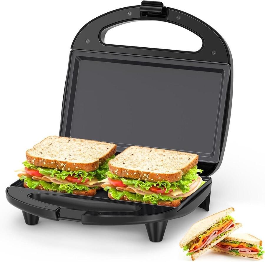 Sandwichmaker Tosti Apparaat Ontbijt Maken Platte Platen 2 Slices Zwart - Foto 1