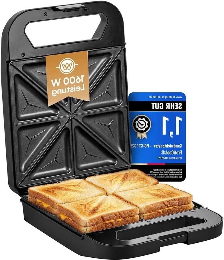 Sandwichmaker Tosti Apparaat Snelle Lunch 4 Sandwiches Tegelijk 1600 Watt Zwart