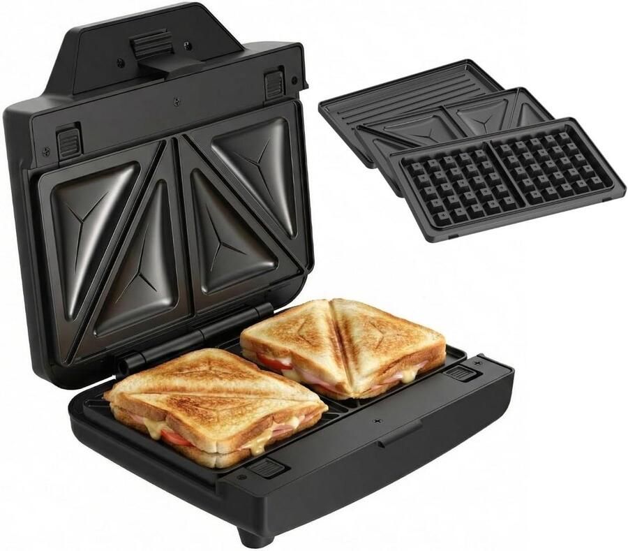 Sandwichmaker Tosti Apparaat Snelle Maaltijden 3 Verwisselbare Platen 900 Watt Zwart