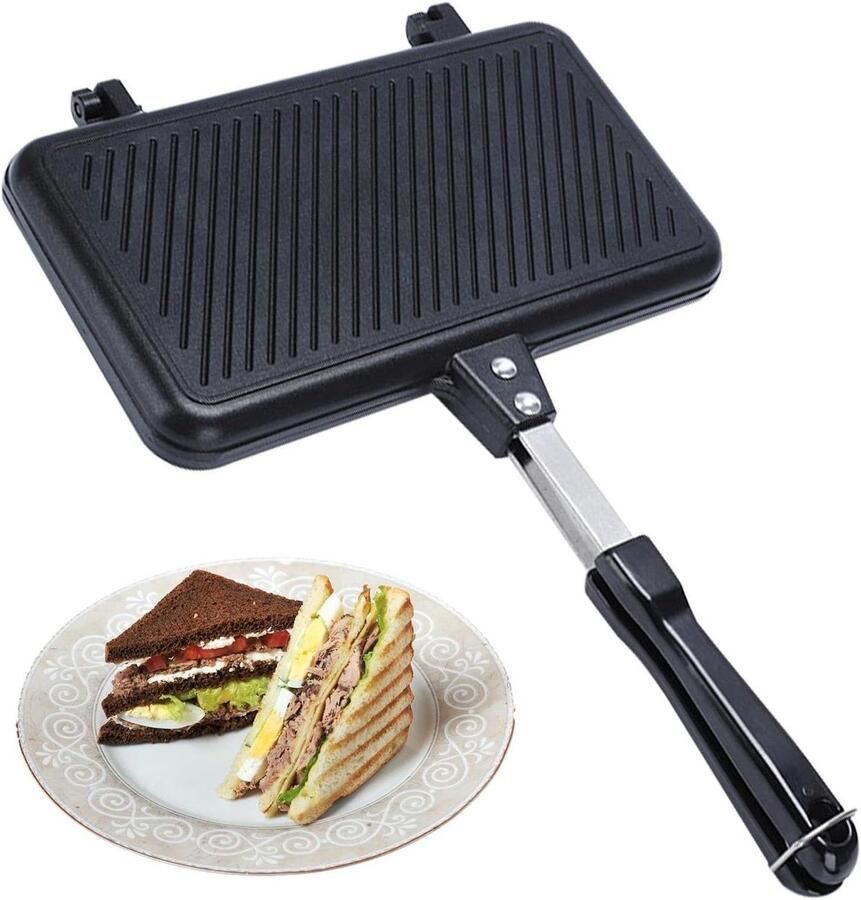 Sandwichmaker Tosti IJzer Ontbijt Maken Dubbelzijdig Anti-aanbak 24 x 35.5 cm Zwart