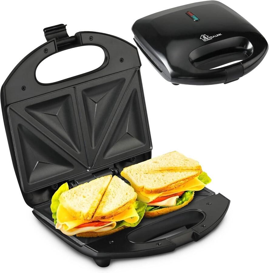 Sandwichmaker Tosti IJzer Snel Ontbijt Maken Antiaanbaklaag Antislipvoeten 21x11.5x5 cm Zwart