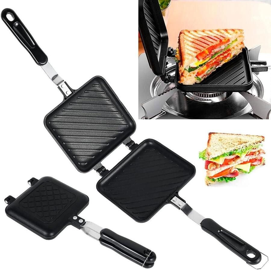 Sandwichmaker voor Gasstel Tosti IJzer Brood Bakken Dubbelzijdig Non-stick 20 x 15 cm Zwart