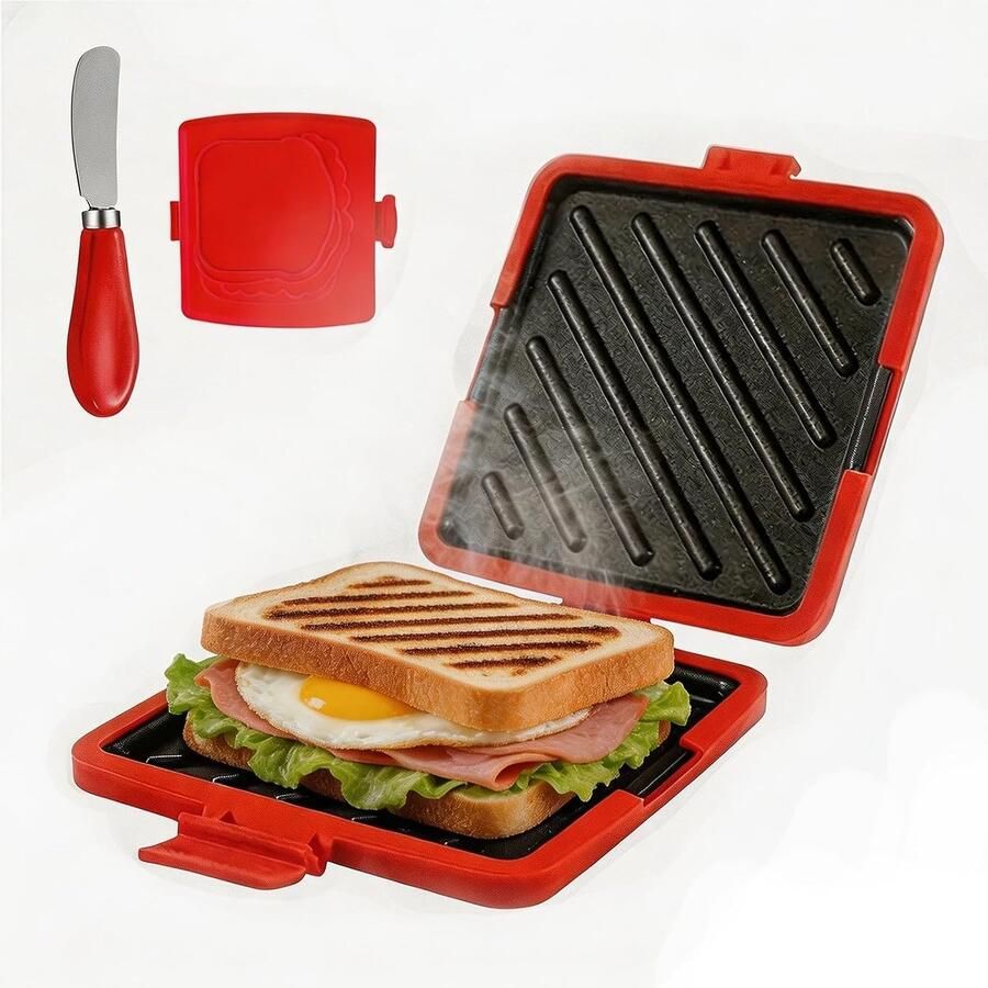 Sandwichmaker voor Magnetron Rood 16 5 x 14 5 x 3 cm Siliconen Sandwichbroodrooster met Botermes Voor Eetkamer en Kantoor