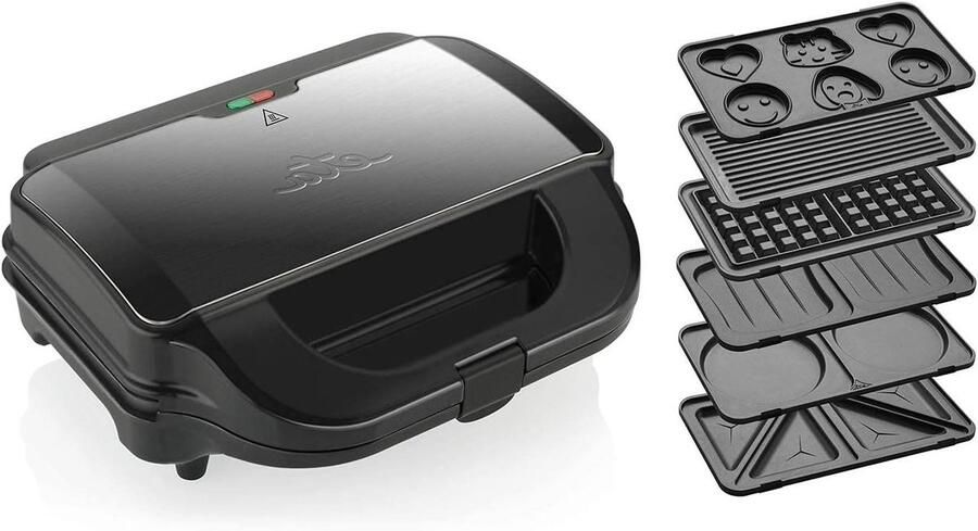 Sandwichmaker Wafelijzer Apparaat Lekker Eten Maken Zes Verwisselbare Platen 900 Watt Zwart