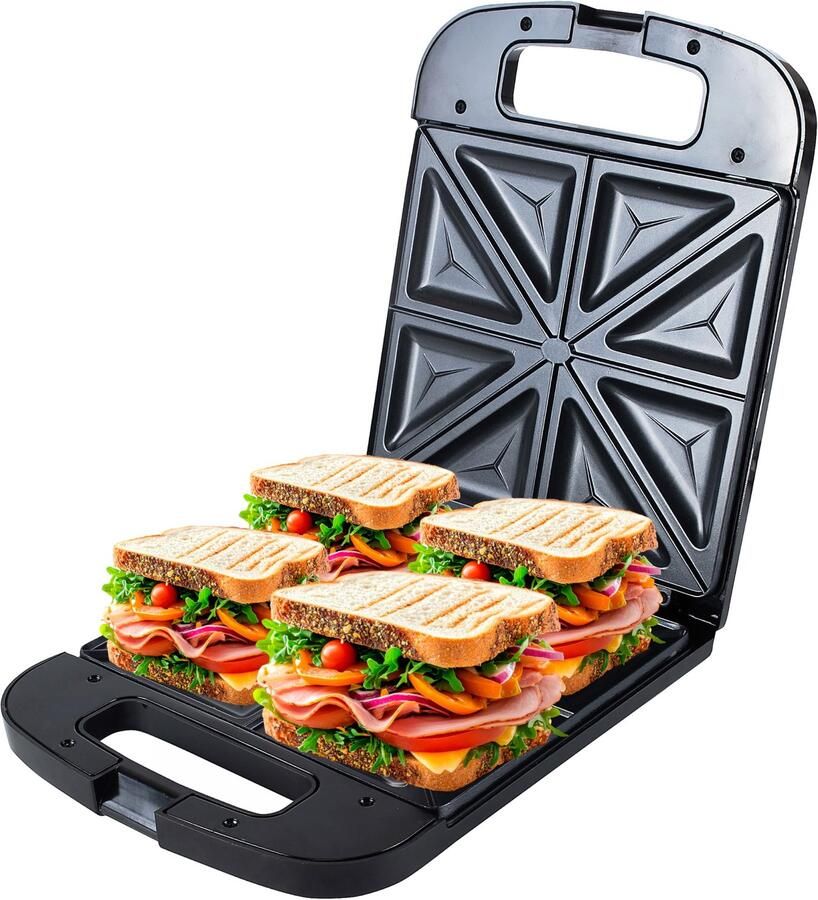 Sandwichmaker XXL 4 Sandwiches 2000 W Vermogen Zwart Antikleeflaag Broodrooster