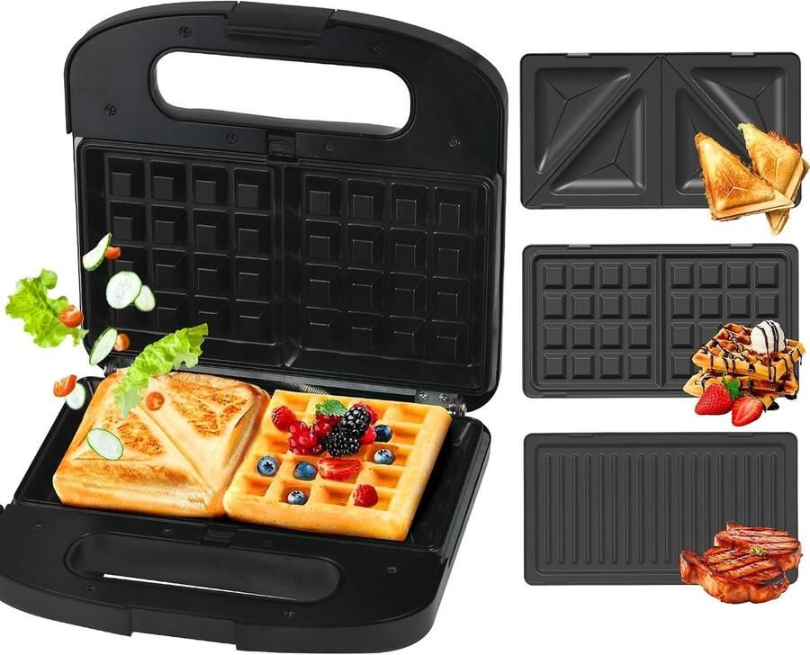 Sandwichmaker Zwart 1000 W 3-in-1 Broodrooster Grill en Wafelijzer Voor Thuisgebruik