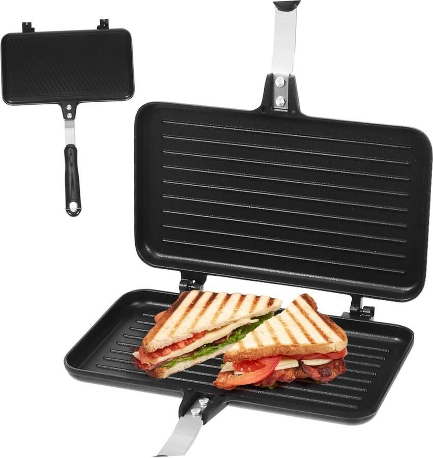 Sandwichpan Dubbelzijdig Tosti IJzer Ontbijt Maken Antiaanbak Coating 35 x 23 cm Zwart