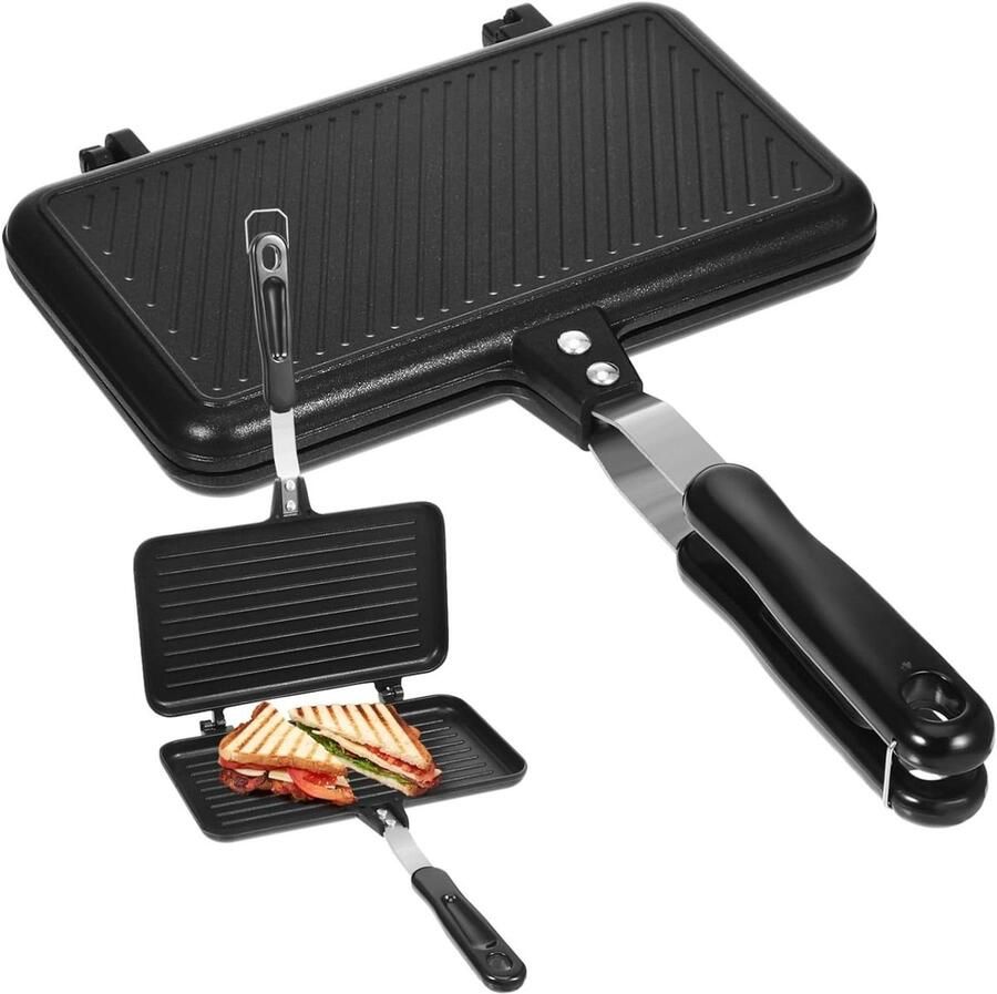 Sandwichpan Dubbelzijdig Wafelmaker Grill Ontbijt Maken Antiaanbaklaag 35 cm Zwart