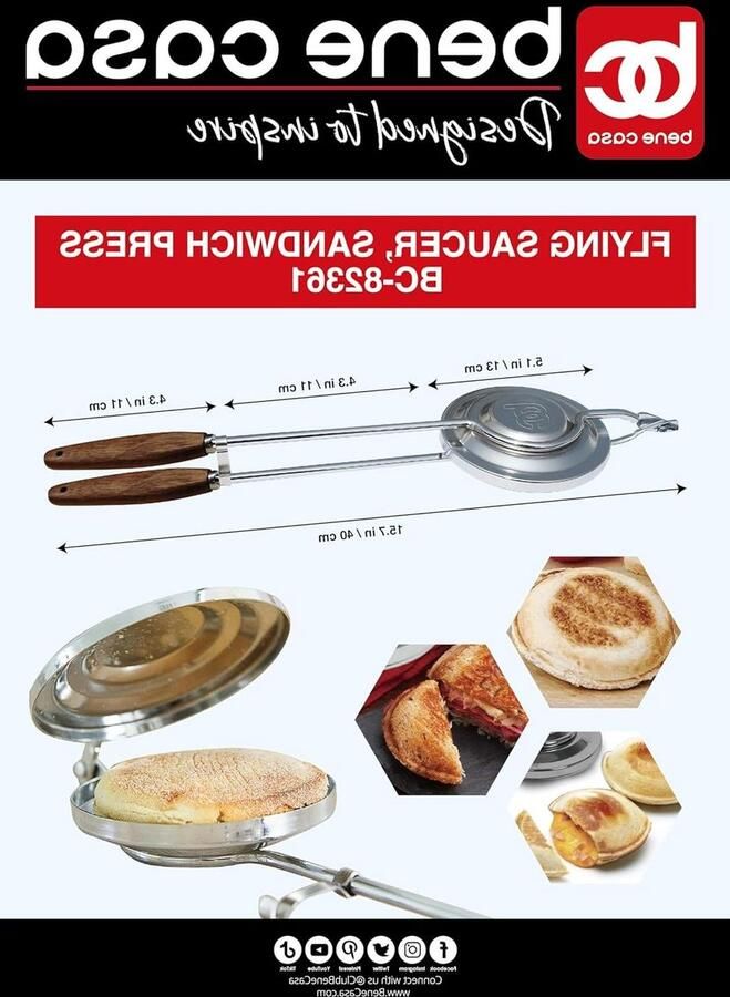 Sandwichpers Vliegende schotel pers Kampvuur koken Houten handgrepen 40 cm Zilver