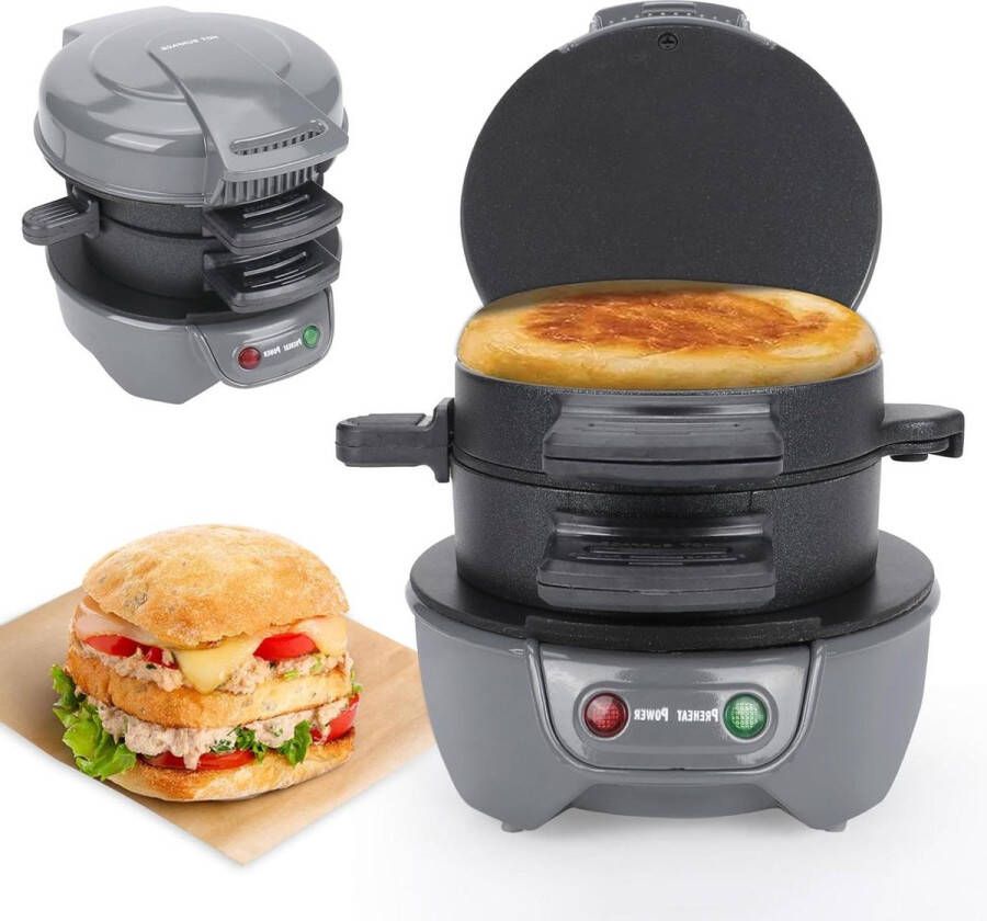 Sandwichtoaster met omeletRing en burgermaker 600 W antiaanbaklaag vaatwasmachinebestendig snel ontbijt EU-stekker grijs