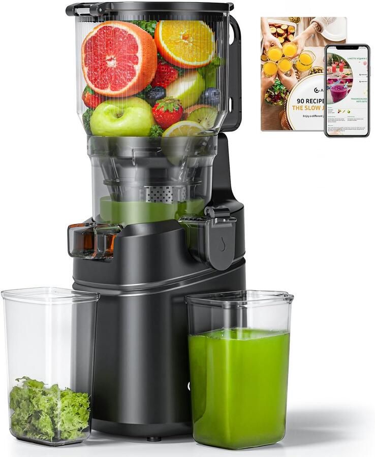 Sapcentrifuge 250W slowjuicer met koude persing en 2 liter capaciteit voor fruit en groenten met dubbele filter zwart