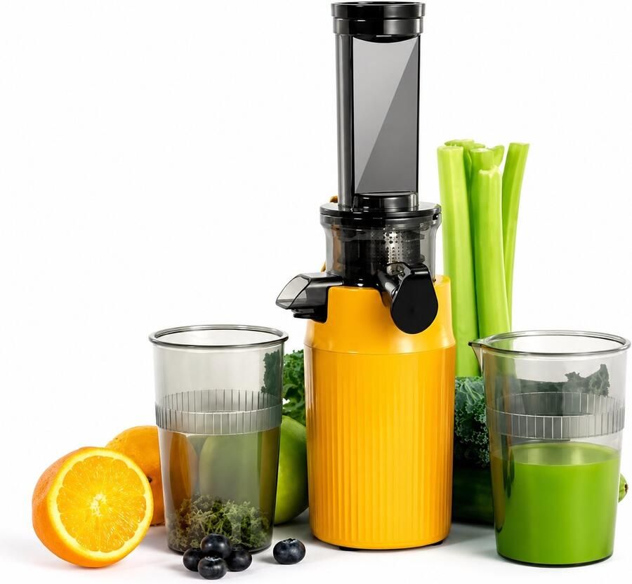 Sapcentrifuge Koudpers Slowjuicer Elektrische Vruchtenpers voor Groente en Fruit Compact Keukenapparaat BPA Vrij Polycarbonaat Geel 35 9 x 15 x 15 2 cm Geschikt voor Dagelijks Gebruik Met Dubbel Filter en Anti Drupsysteem