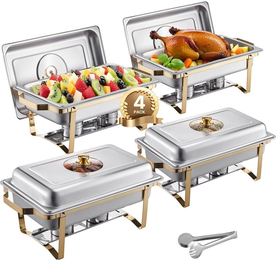 Scaleunion 4-Pack warmhoudplaat 8 Qt – RVS Buffetwarmers met Volledige GN-Pannen – Chafing dish Rechthoekige Catering Set : Set van 4 stuks
